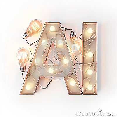 The word AI spelled out with glowing lightbulbs on bright background, ideas driven by AI. Stock Photo