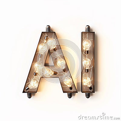 The word AI spelled out with glowing lightbulbs on bright background, ideas driven by AI. Stock Photo