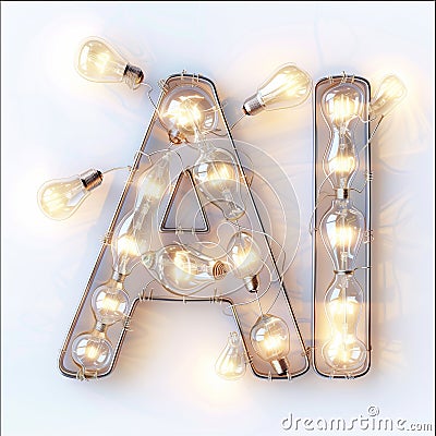 The word AI spelled out with glowing lightbulbs on bright background, ideas driven by AI. Stock Photo