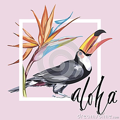 Word- Aloha. Toucan with tropical flowers. Element for design of invitations, movie posters, fabrics and other objects Vector Illustration