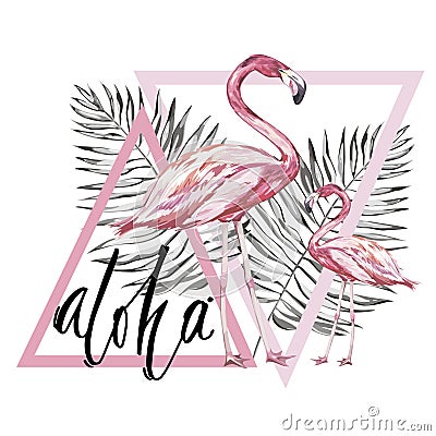 Word- Aloha. Two flamingos with tropical leaves. Element for design of invitations, movie posters, fabrics and other Vector Illustration