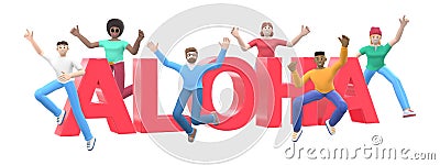 The word aloha on a white background. Group of young multicultural happy people jump and dance together. Horizontal banner cartoon Stock Photo