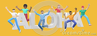 The word aloha on a yellow background. Group of young multicultural happy people jump and dance together. Horizontal banner Stock Photo