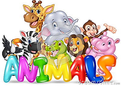 Word animal with cartoon wild animal Vector Illustration