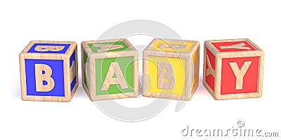 Word BABY made of wooden blocks toy horizontal 3D Cartoon Illustration