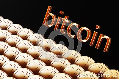 The word Bitcoin near a large number of bitcoin Cartoon Illustration