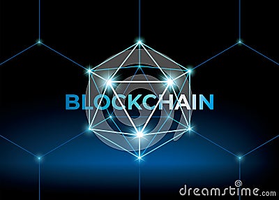 Word blockchain with low polygonal sphere. 3D hexahedron with glow. Futuristic style vector illustration. Vector Illustration