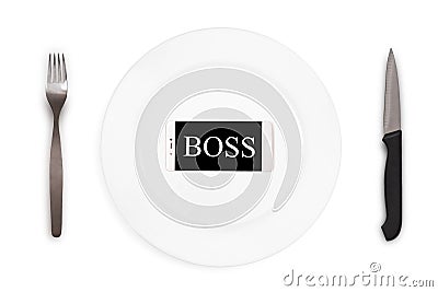 Word boss in the mobile phone on the plate on the white background. Top view. Stock Photo