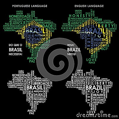 Word Brazil map formed by words necessary to the country Vector Illustration