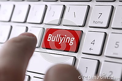 word bullying on the computer's gray keyboard. The concept of harassment intimidation and humiliation in the network Stock Photo