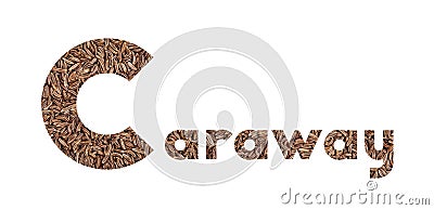 The word Caraway with cumin seeds isolated on white Stock Photo