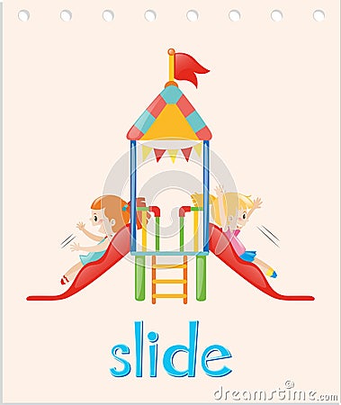 Word card with girls on the slide Vector Illustration