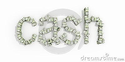 The word 'cash', made out of 100$ bills. on white backg Stock Photo