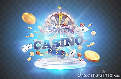 The word Casino, surrounded by a luminous frame and attributes of gambling, on a explosion background Vector Illustration