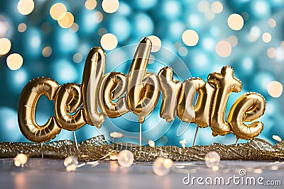 Word celebrate in style of bubble gold lettering. Generative AI Stock Photo