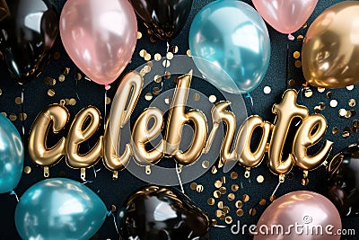 Word celebrate in style of bubble gold lettering. Generative AI Stock Photo