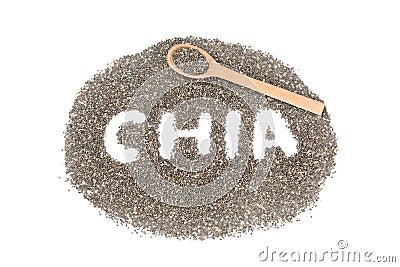 Word Chia, seeds of chia and wooden spoon isolated Stock Photo