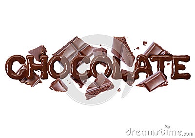 The word chocolate with a broken porous chocolate bar, isolated on white background Stock Photo