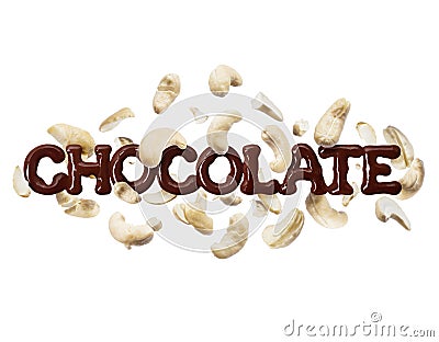 The word chocolate with cashew nuts on a white background Stock Photo