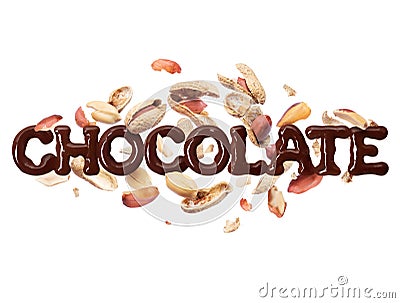 The word chocolate with peanuts on a white background Stock Photo