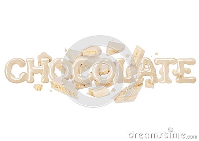 The word chocolate with pieces of white porous chocolate bar Stock Photo