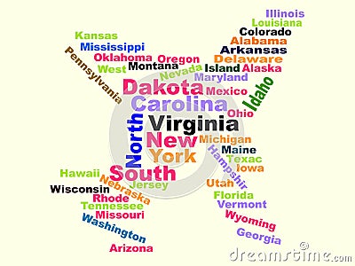 Word cloud airplane travel concept made with words all U.S. states names Vector Illustration