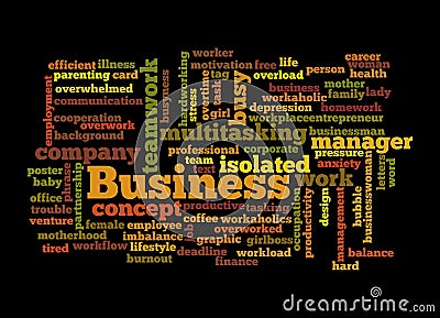 Word Cloud with BUSYNESS concept, isolated on a black background Stock Photo