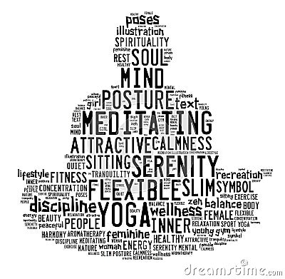 Word cloud composed in the shape of a man doing yoga meditation Stock Photo