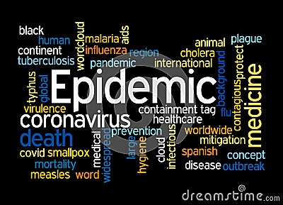 Word Cloud with EPIDEMIC concept, isolated on a black background Stock Photo