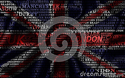 Word cloud formed from the cities of UK Stock Photo