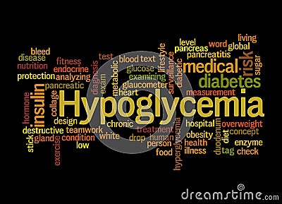 Word Cloud with HYPOGLYCEMIA concept, isolated on a black background Stock Photo