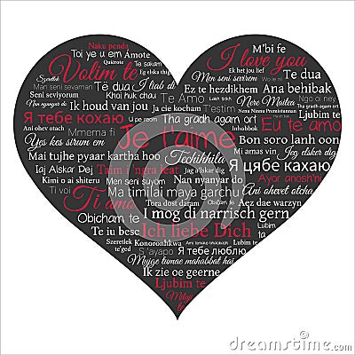 Word cloud. Phrase I love you in many languages in the shape of heart. Vector Illustration