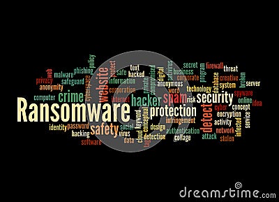 Word Cloud with RANSOMWARE concept, isolated on a black background Stock Photo