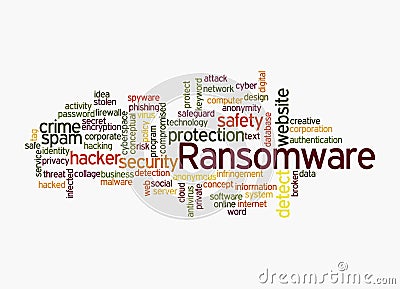 Word Cloud with RANSOMWARE concept, isolated on a white background Stock Photo