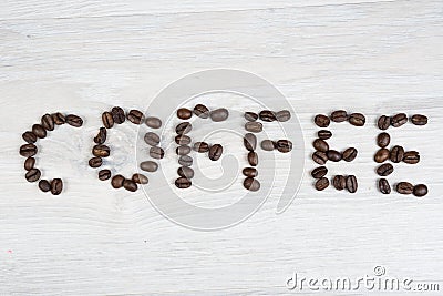 The word coffee made of coffee beans Stock Photo