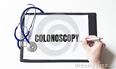 Word Colonoscopy on the paper plate, Medical concept Stock Photo