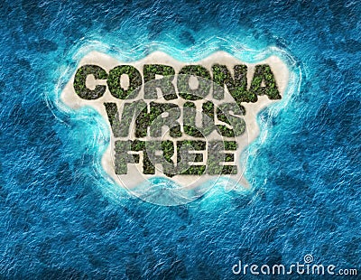 Word corona virus free shaped island. Concept covid free island. 3D illustration Cartoon Illustration