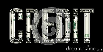 One hundred dollars inside the word `credit`, on a black background Stock Photo