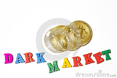 Word dark market and bitcoin cryptocurrency coins top view. White background with copy space Stock Photo