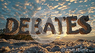 The word debates spelled out in sand on a beach, AI Stock Photo