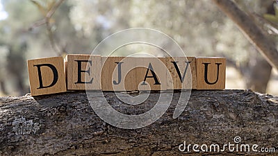 The word Deja vu was created from wooden cubes. Photographed on the tree.. Stock Photo