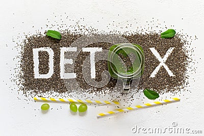 Word detox is made from chia seeds. Green smoothies and ingredients. Concept of diet, cleansing the body, healthy eating Stock Photo