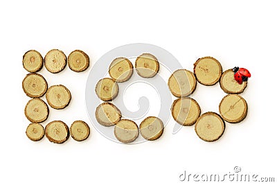 The word Eco made of wood slices with ladybug on white background - Concept of ecology Stock Photo