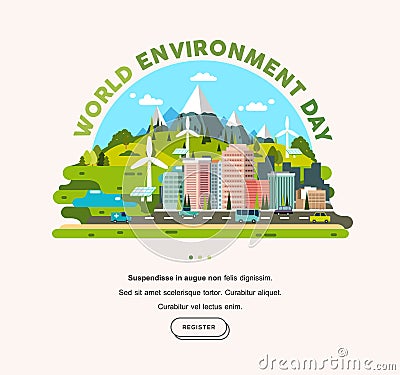 Word environment day Sustainable eco friendly cityscape with Infrastructure and Transportation banner template Vector Illustration
