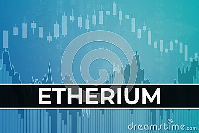 Word Etherium cryptocurrency on blue finance background from graphs, charts. Trend Up and Down. 3D render Stock Photo