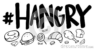 Word expression for hangry with many food Vector Illustration