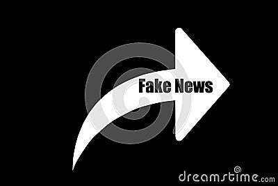 The word Fake News on a white arrow is a repost or share sign. Black isolated background. Media propaganda concept Stock Photo