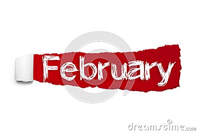 The word February appearing behind red torn paper Stock Photo