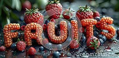 the word fruits is made out of strawberries , raspberries , blueberries and blackberries Stock Photo