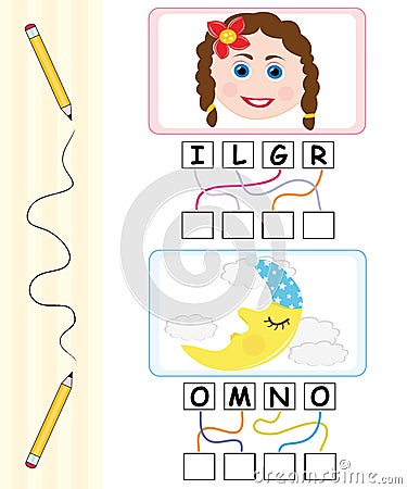 Word game for kids - girl & moon Stock Photo